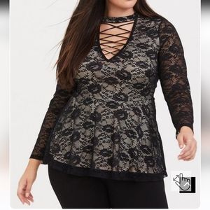 Torris Black Lace Lattice Peplum Top Size 2